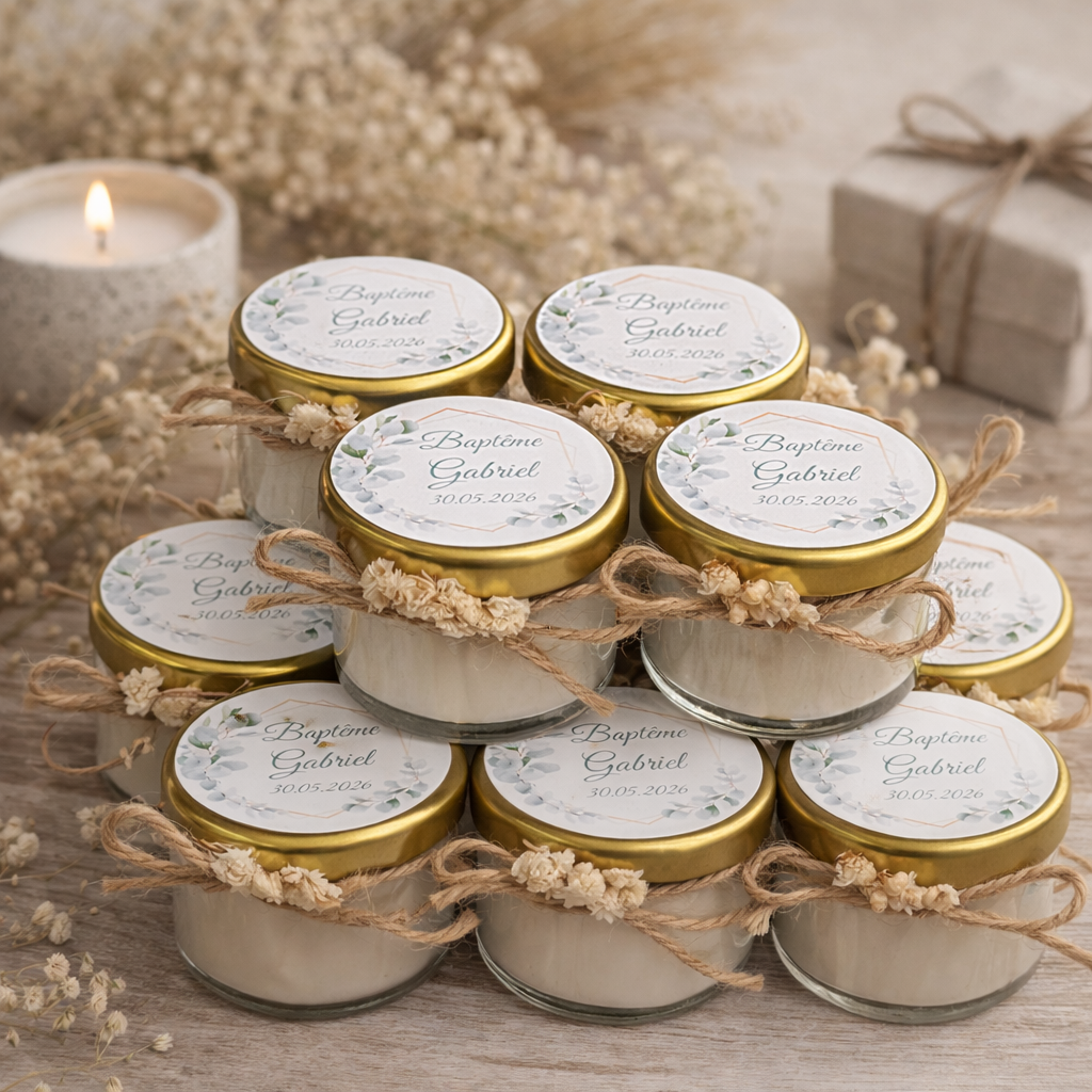 Bougie parfumée de 30g AVEC fleurs - bouchon en à visser or avec ruban et étiquette