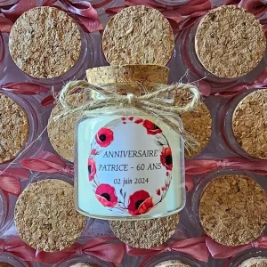 Bougie parfumé de 50g AVEC fleurs - bouchon en liège avec ruban et étiquette