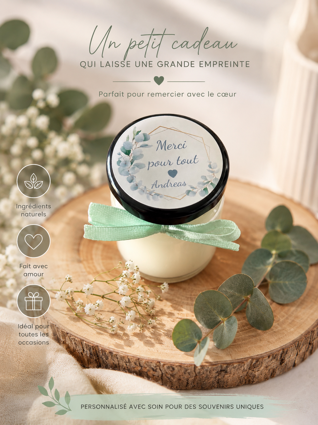 Bougie parfumé de 35g - bouchon en à visser noir ou or avec ruban et étiquette